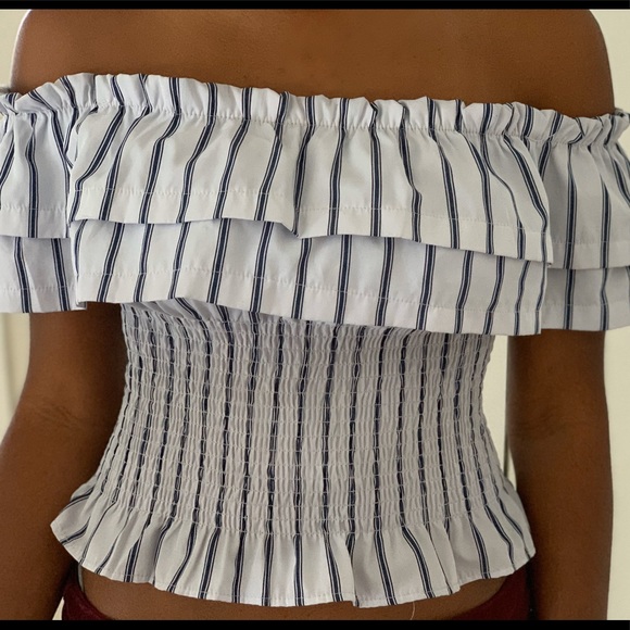 White and blue ruffle off shoulder crop top - Picture 1 of 1